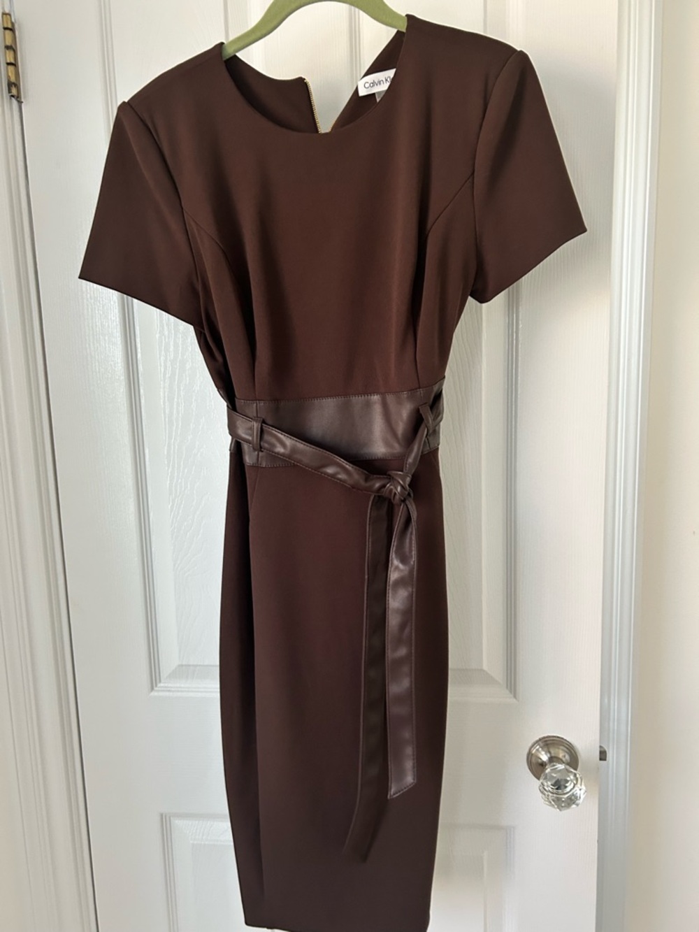 Calvin Klein Chocolate Brown Midi Sheath Dress with Faux-Leather Waist